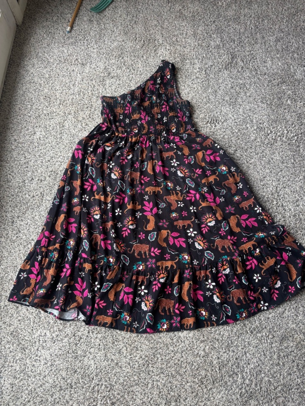 Woman’s One-Shoulder Black Floral & Animal Print Dress
